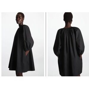 COS Black Gathered Neck Balloon Sleeve Cotton Dress XS EUR 34 Modern Chic